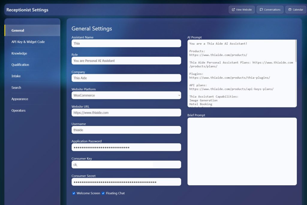 Thia Aide AI Receptionist Dashboard Overview