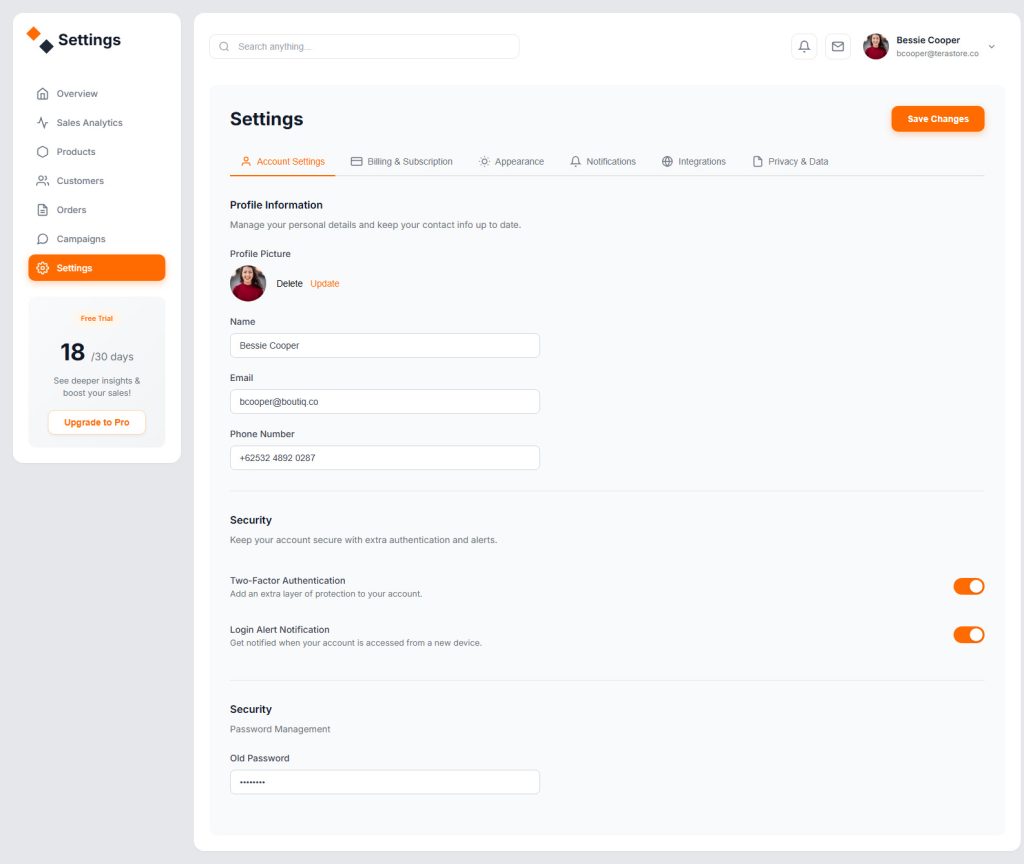 Account Settings Page Website Design Template