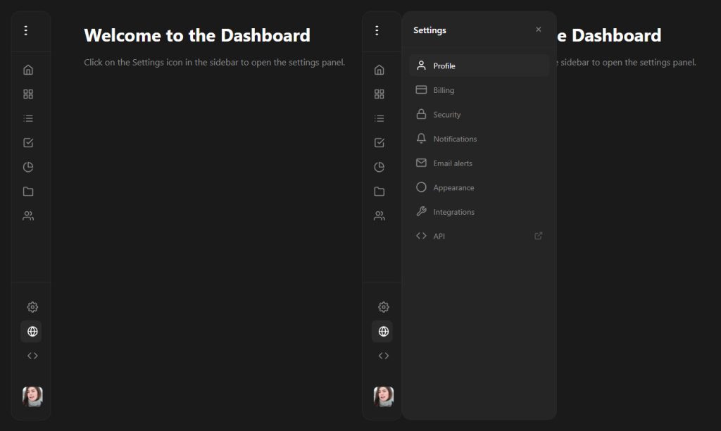 Dashboard Sidebar Settings panel Template