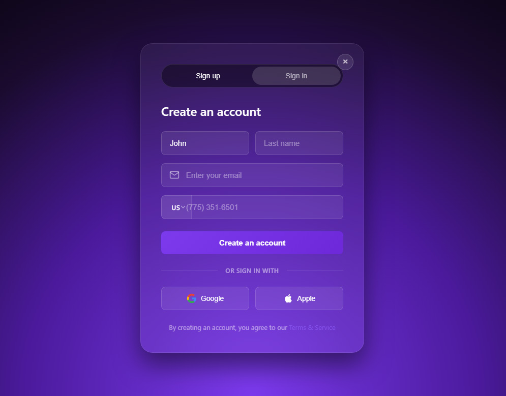 Thia Creator Glossy Create account / Login Form Design Template